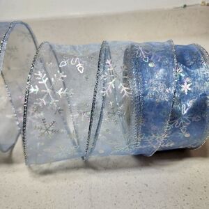 Vintage Wired Sheer Silver With Blue Hues Ribbon With Glitter Snowflakes